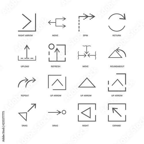 16 linear icons related to Expand  Right  Drag  Up arrow  Right