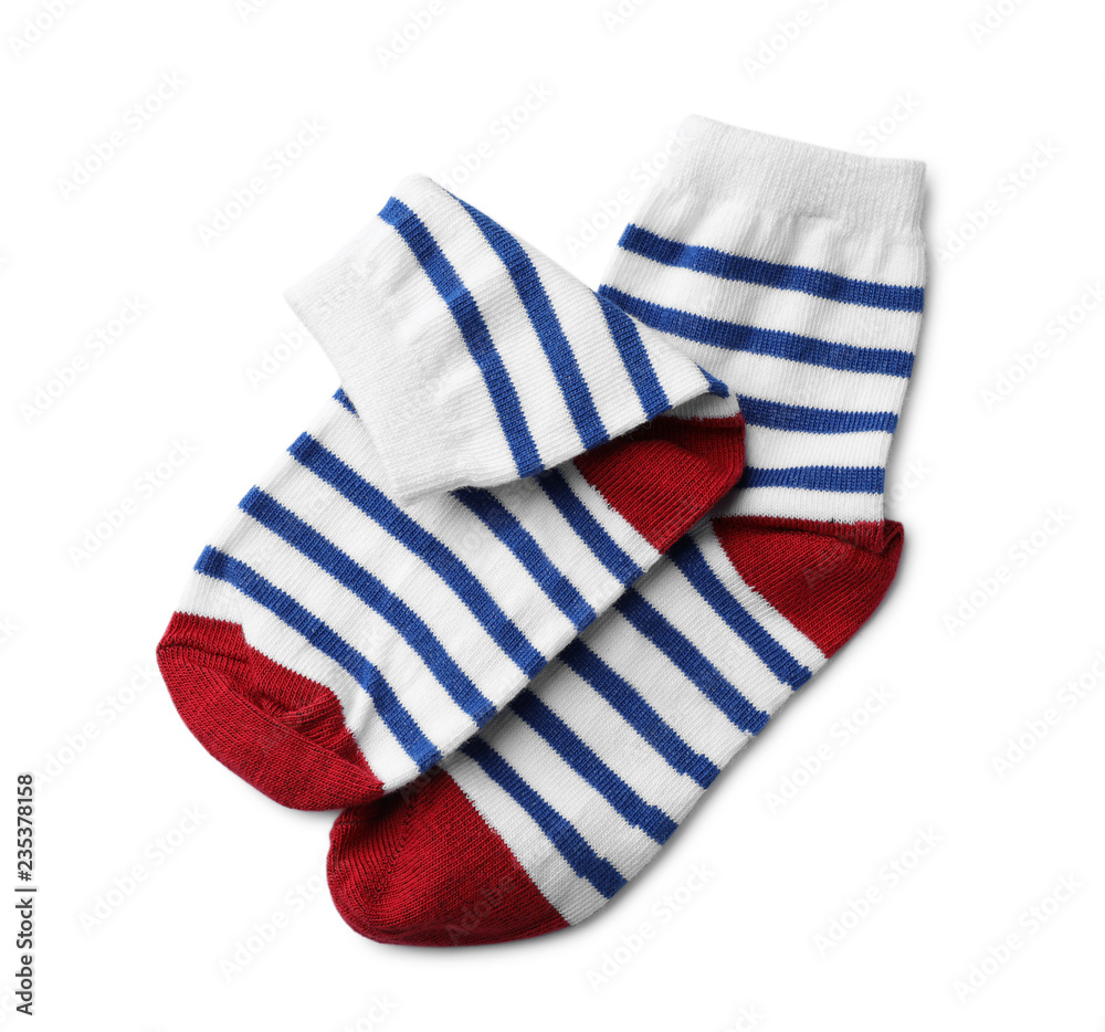 Cute child socks on white background, top view Cute child socks on white background, top view