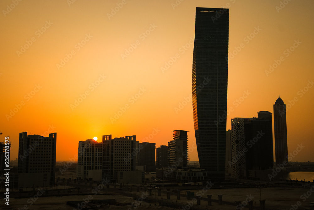 Golden sunrise in Business Bay in Dubai