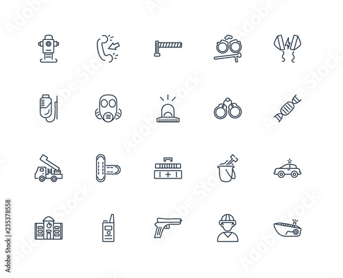 Set Of 20 outline icons such as Ship, Firefighter, Gun, Walkie t