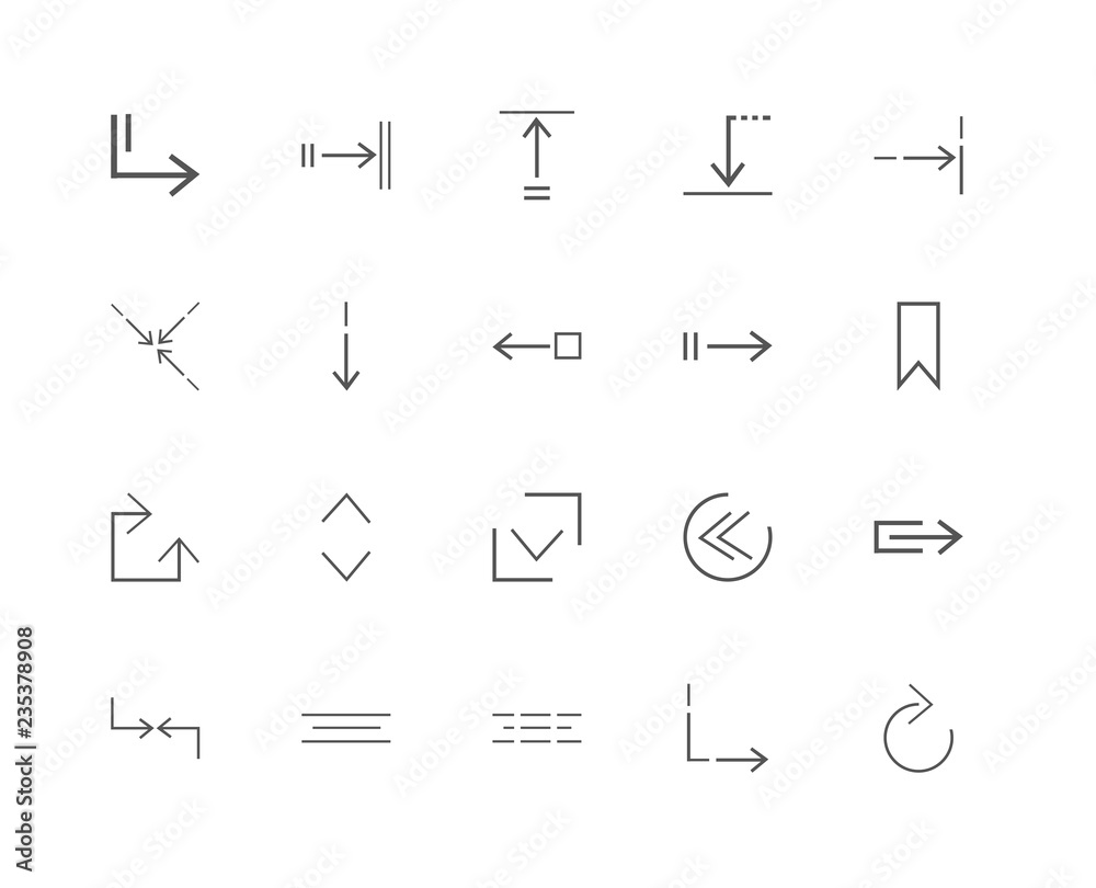 20 linear icons related to Down arrow, Return, Menu, Diagonal, F
