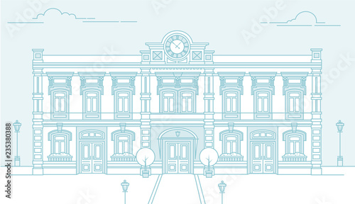 Outline Beautiful detailed building facade, landscape, line vector illustration, Business Travel and Tourism Concept with Historic Architecture. Image for Presentation Banner Placard and Web Site.