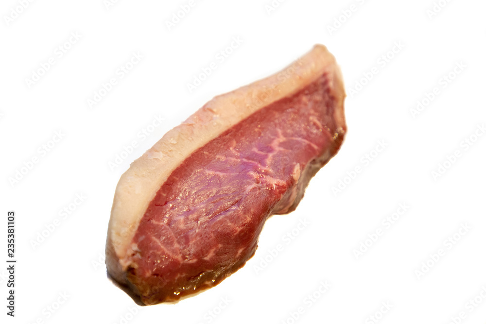 Marbled beef top sirloin cap (picanya) steak on white background Marbled beef top sirloin cap (picanya) steak on white background