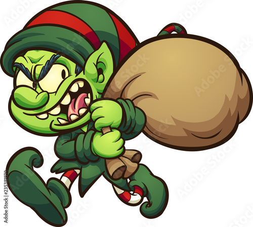 Evil cartoon Christmas elf, stealing presents. Vector clip art illustration with simple gradients. All in a single layer.