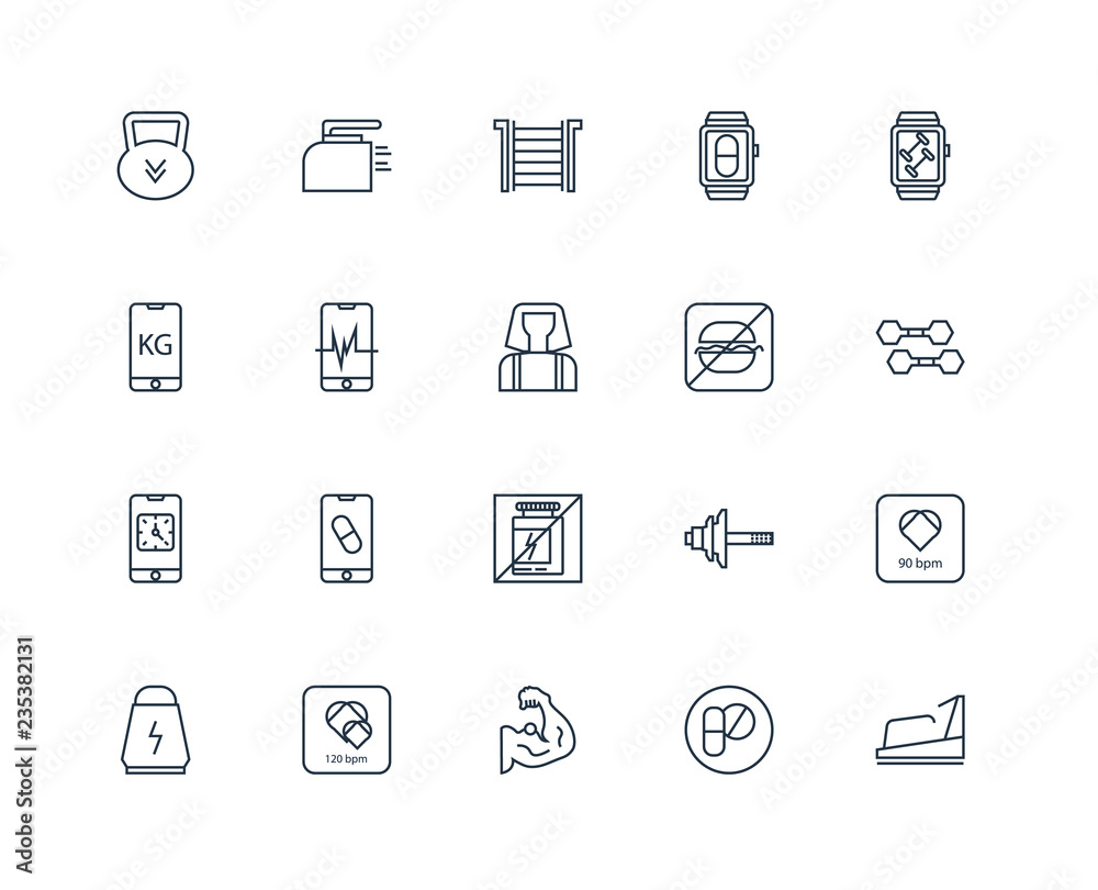 Set Of 20 outline icons such as Treadmill, Pills, Muscle, Beat, Set Of 20 outline icons such as Treadmill, Pills, Muscle, Beat,