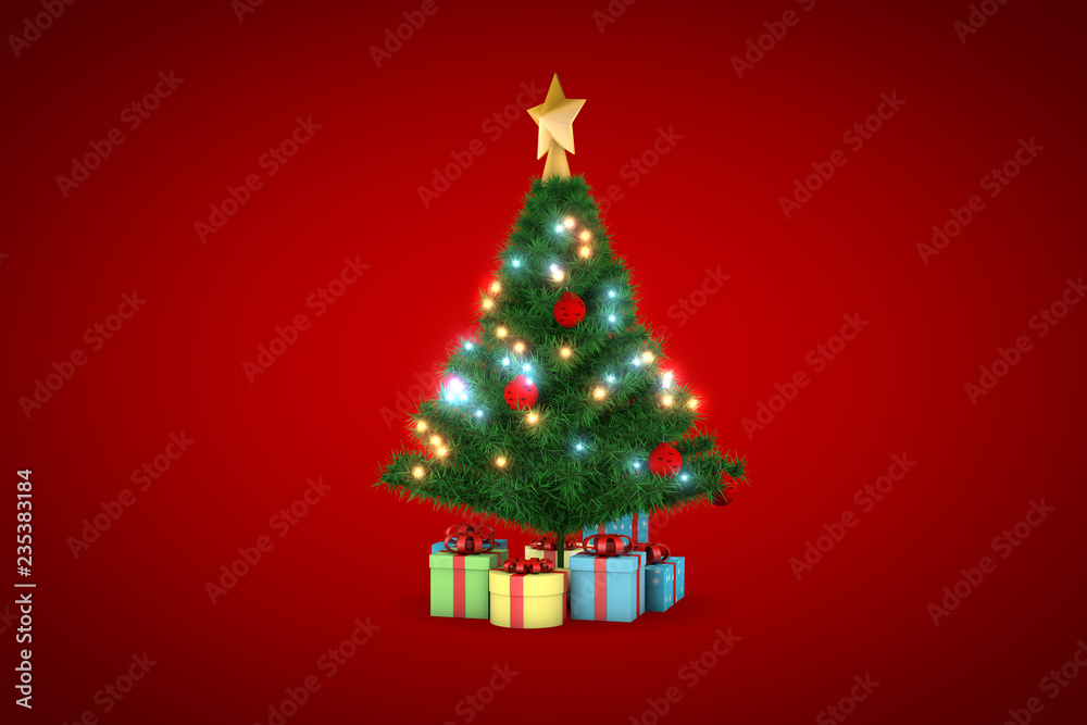 3d rendering, christmas tree with red background 3d rendering, christmas tree with red background