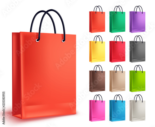 Paper bag for shopping vector set. Empty shopping bags collection in orange and other colors isolated in white for fashion and market design elements. Vector illustration.