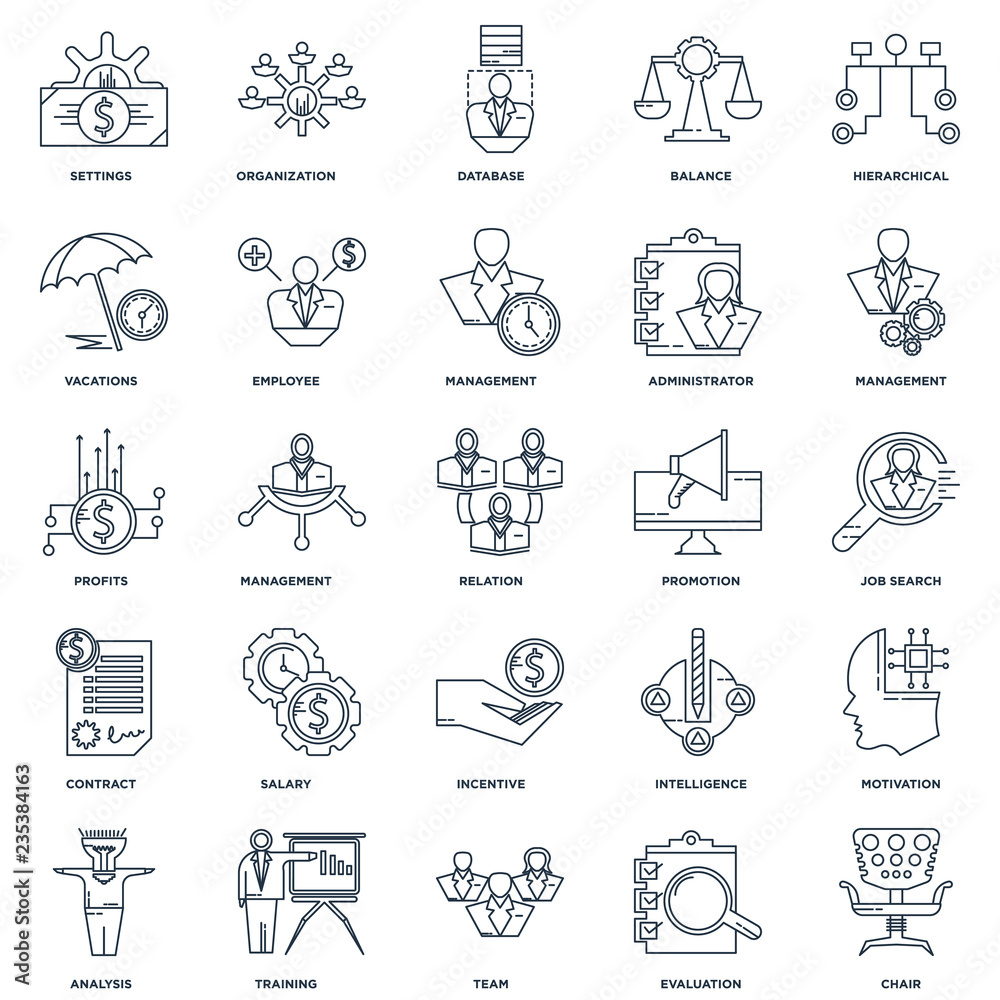 Set Of 25 outline icons such as Chair, Evaluation, Team, Trainin