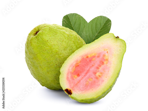 whole and half pink guava with leaf isolated on white background