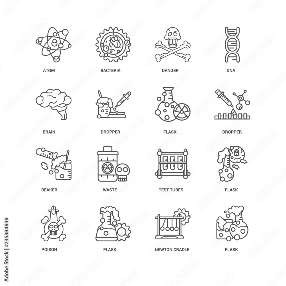 Simple Set of 16 Vector Line Icon. Contains such Icons as Flask,