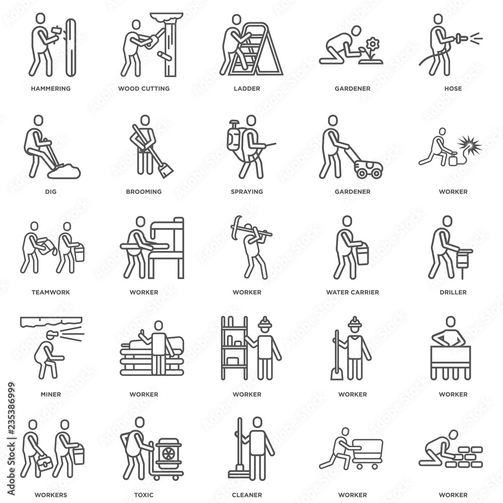 Simple Set of 25 Vector Line Icon. Contains such Icons as Worker Simple Set of 25 Vector Line Icon. Contains such Icons as Worker
