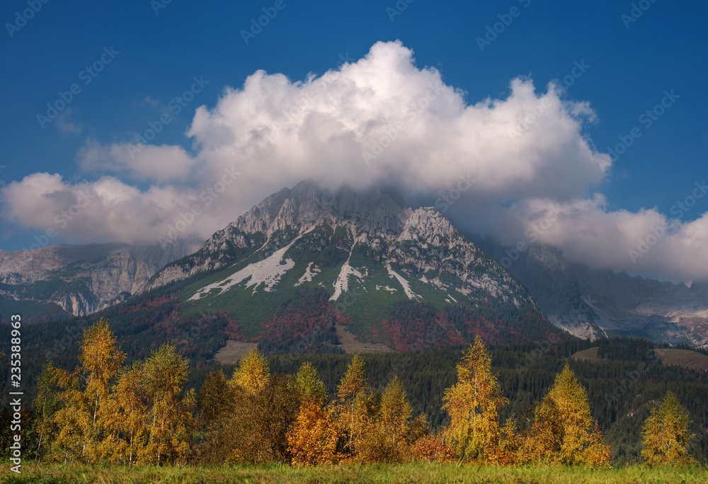 Alpine landscape on a sunny day. Colorful autumn scene. Trees with yellow leaves in the foreground. Amazing natural background with mountain peak and clouds above it. South Tyrol Austria