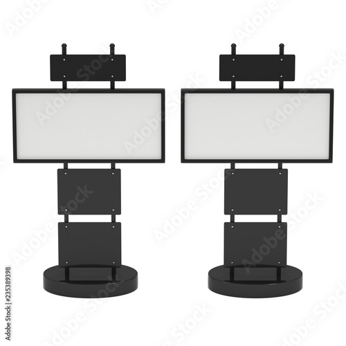 LCD Screen Stand. Blank Trade Show Booth. 3d render of lcd screen isolated on white background. High Resolution. Ad template for your expo design.