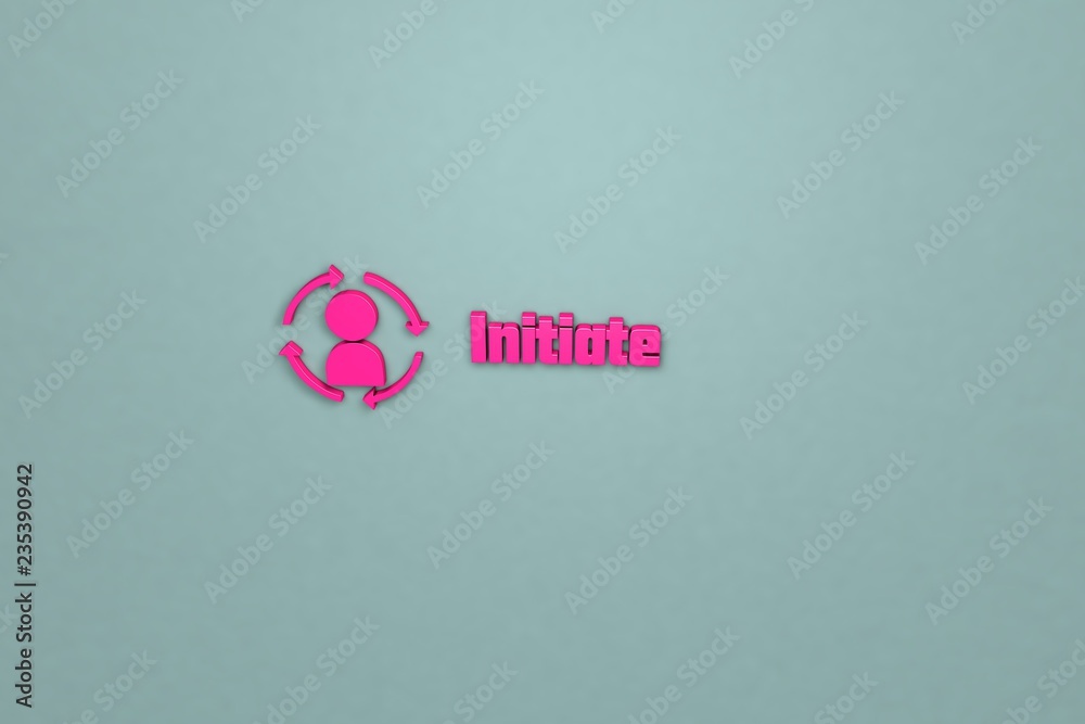 3D illustration of Initiate, pink color and pink text with grey-green background. 3D illustration of Initiate, pink color and pink text with grey-green background.
