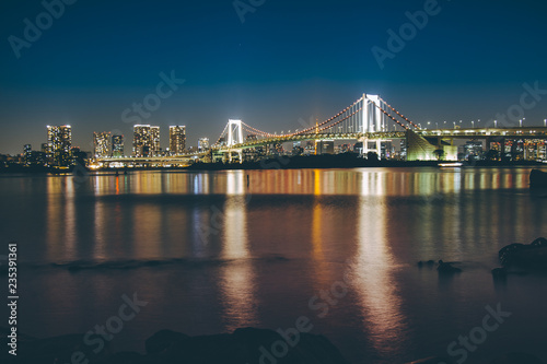 Photography Night view of Rainbow Bridge in Odaiba, Tokyo Bay