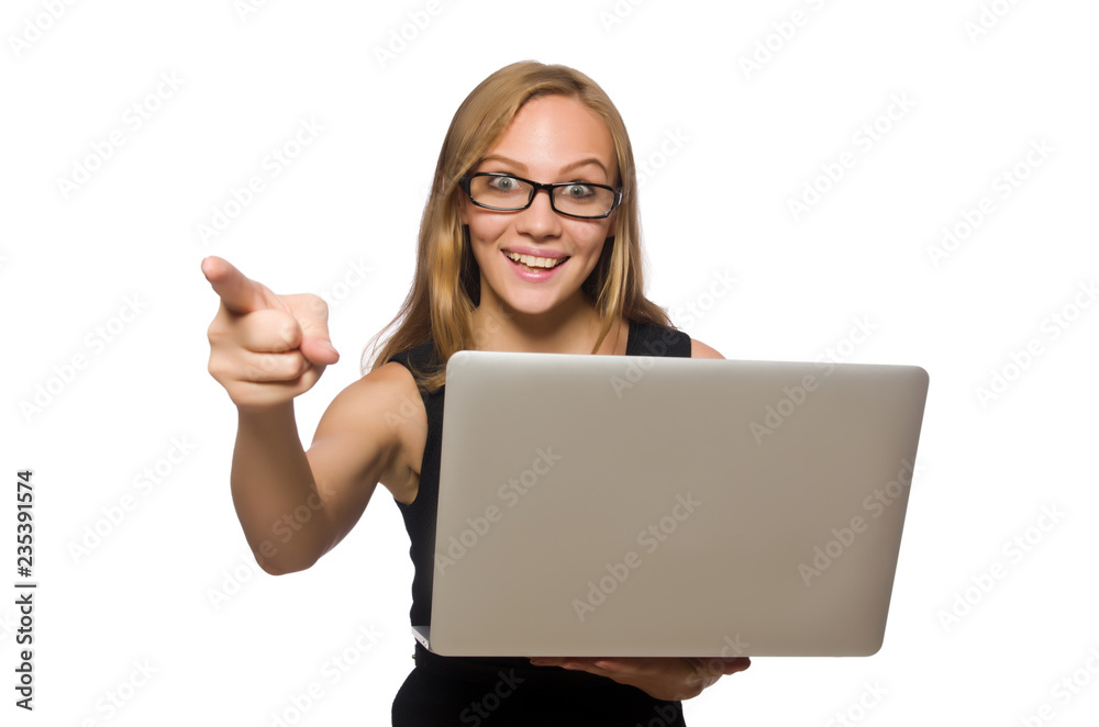 Woman with laptop isolated on white Woman with laptop isolated on white
