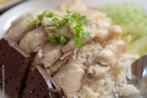 Thai food gourmet Hainanese chicken rice (Rice steamed with chicken soup). Clouse up.