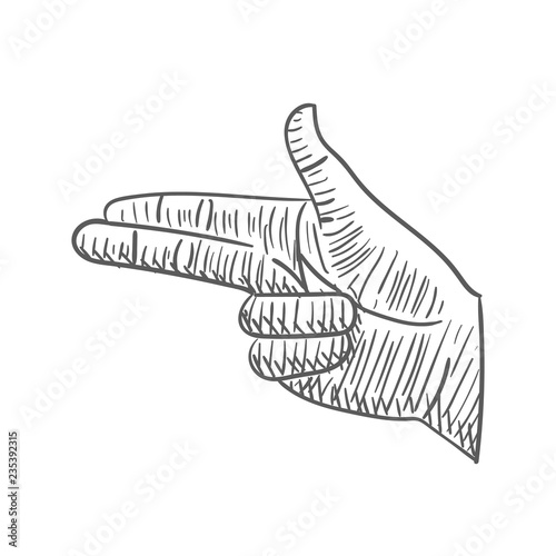 Hand pointing sign like gun with two finger in hand drawing doodle hatching vintage style illustration icon symbol