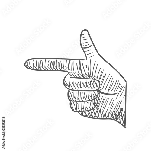 Hand pointing sign like gun hand drawing doodle hatching sketch vintage illustration icon symbol
