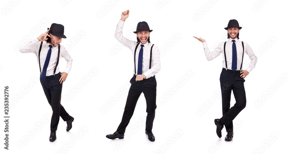 Man wearing hat and suspenders isolated on white Man wearing hat and suspenders isolated on white