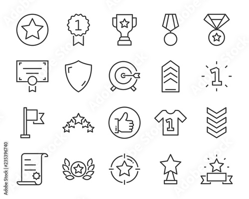 set of award line icons, such as star, champion, prize, acheivement, winner, trophy, glory, certificate