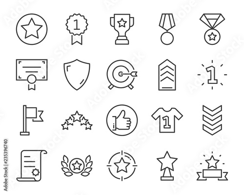 set of award line icons, such as star, champion, prize, acheivement, winner, trophy, glory, certificate photo