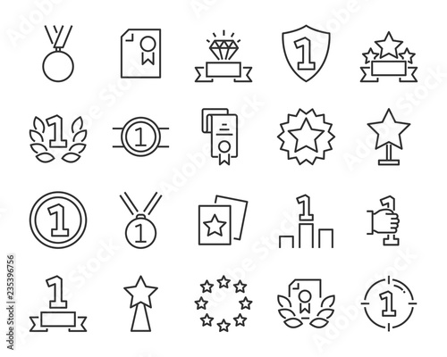 set of award line icons, such as star, champion, prize, acheivement, winner, trophy, glory, certificate photo