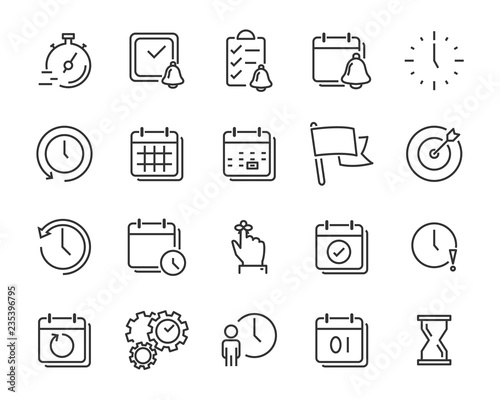 set of time relation vector line icon, such as calendar, reminder, day, year 2019, event