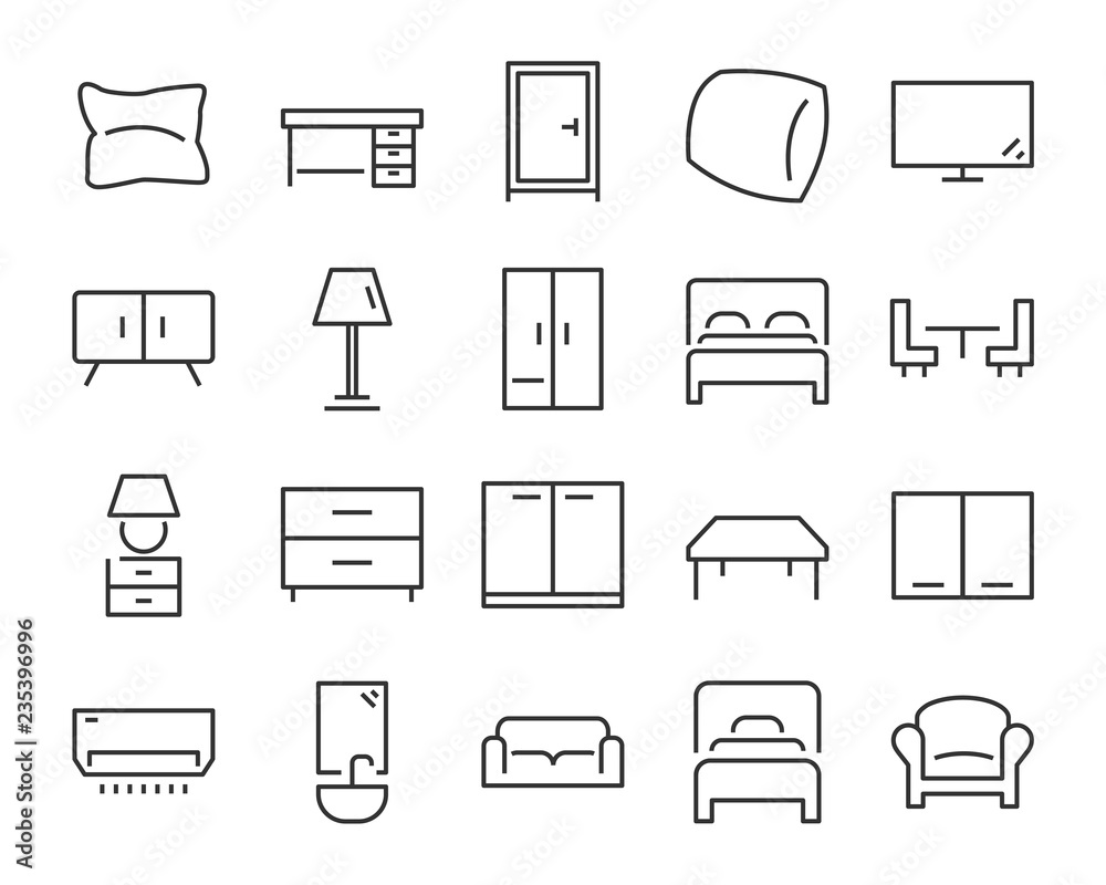 set of furniture icons, such as bed, chair, desk set of furniture icons, such as bed, chair, desk