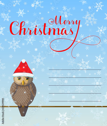 Christmas Greeting card with cute brown owl wear red hat on blue background with snowflakes.