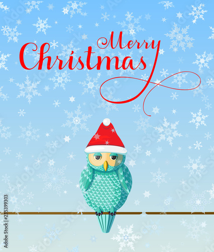 Christmas Greeting card with cute turquoise owl wear red hat on blue background with snowflakes.