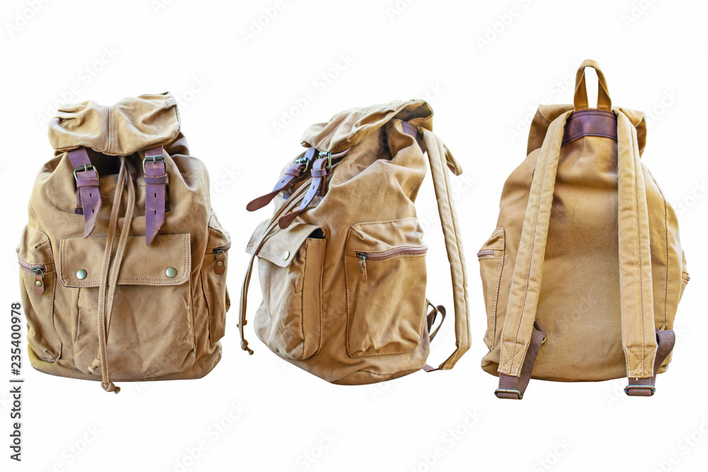 Yellow bag for backpack on a white background. - obrazy, fototapety, plakaty 