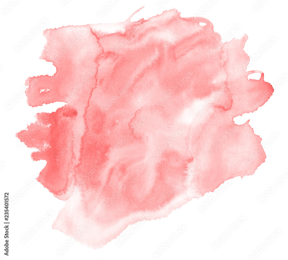 Light red, pink watercolor hand-drawn isolated wash stain on white background for text, design. Abstract texture made by brush for banner, label. Light red, pink watercolor hand-drawn isolated wash stain on white background for text, design. Abstract texture made by brush for banner, label.