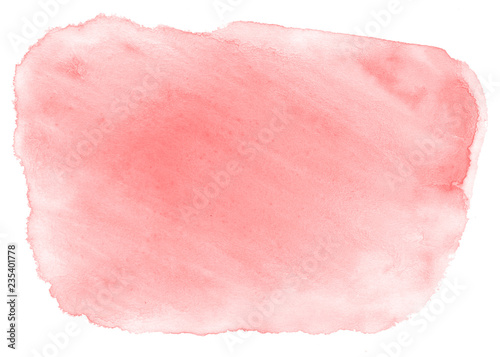 Light red, pink watercolor hand-drawn isolated wash stain on white background for text, design. Abstract texture made by brush for wallpaper, label.