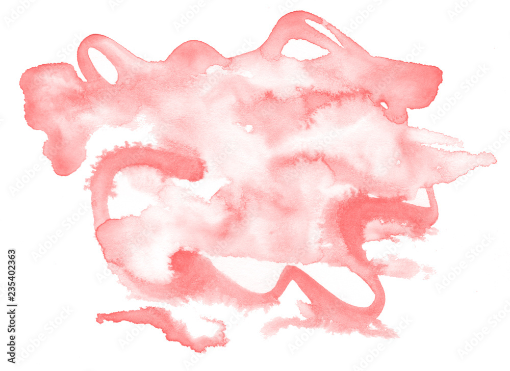 Light red, pink watercolor hand-drawn isolated wash stain on white background for text, design. Abstract texture made by brush for banner, label. Light red, pink watercolor hand-drawn isolated wash stain on white background for text, design. Abstract texture made by brush for banner, label.