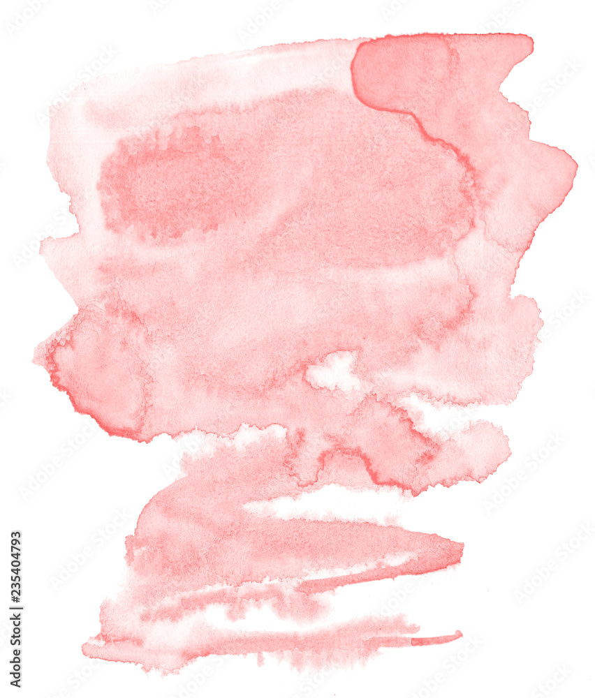 Light red, pink watercolor hand-drawn isolated wash stain on white background for text, design. Abstract texture made by brush for banner, label. Light red, pink watercolor hand-drawn isolated wash stain on white background for text, design. Abstract texture made by brush for banner, label.