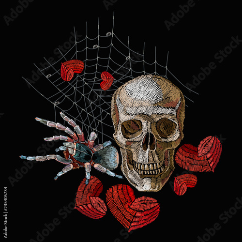 Embroidery human skull, red heart and spider. Classical dark art gothic embroidery. Medieval template for clothes, textiles, t-shirt design