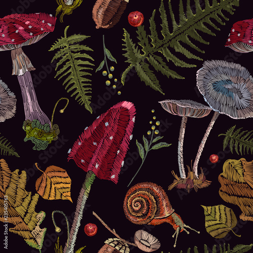Embroidery mushrooms seamless pattern. Fashion nature template for clothes, textiles, t-shirt design. Berries, autumn leaves art