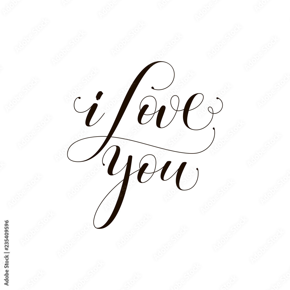 I Love you postcard. Phrase for Valentine's day. Ink illustration. Modern brush calligraphy. Isolated on white background.
