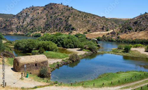 Old traditional watermills in the Guadiana river at Azenhas. Mertola. Portugal