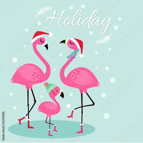 Cute holiday card with flamingo family.