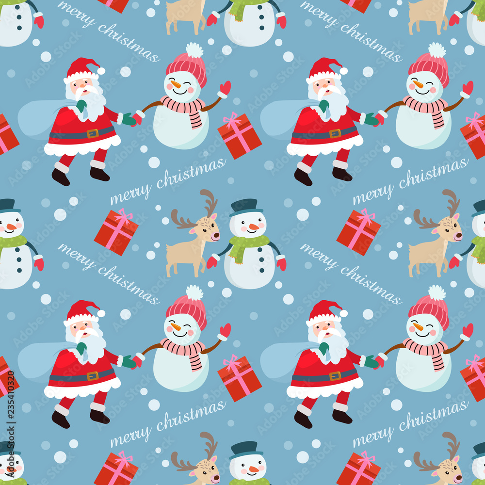 Santa claus with snowman and deer pattern