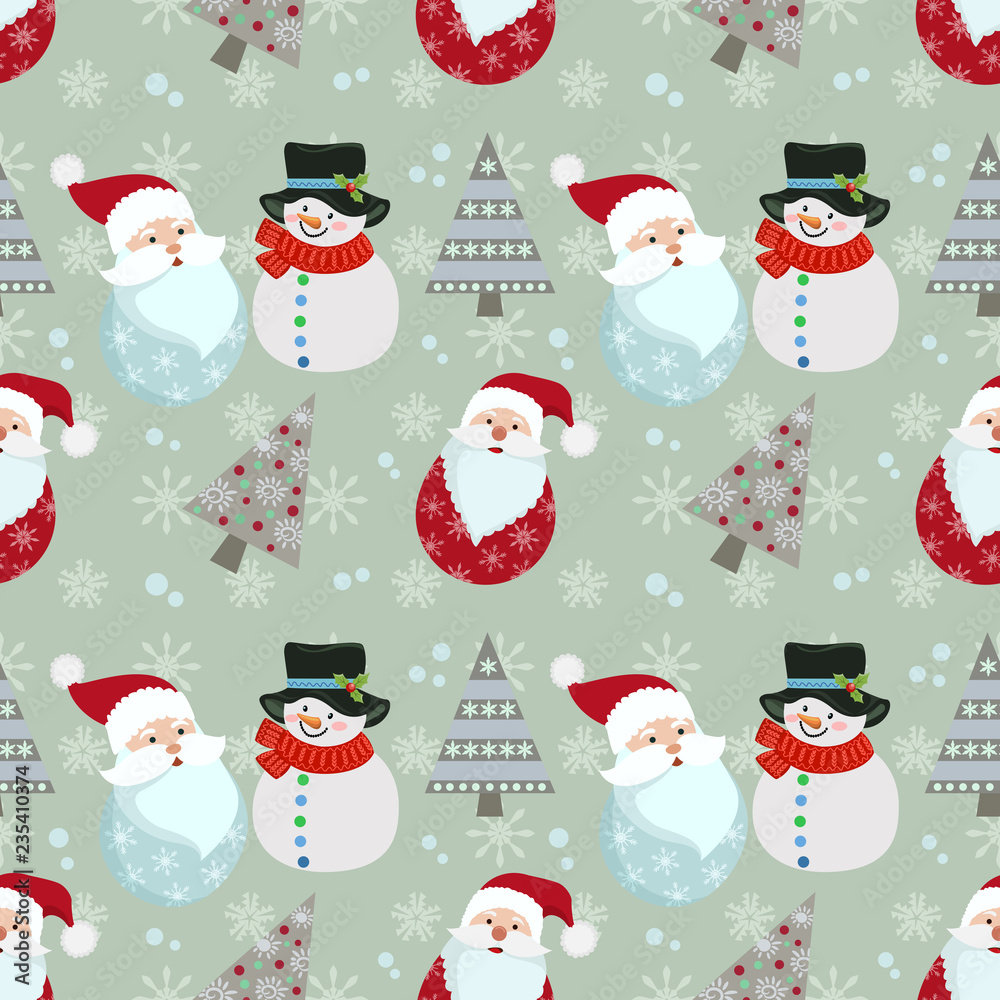 Santa claus with snowman and tree seamless pattern