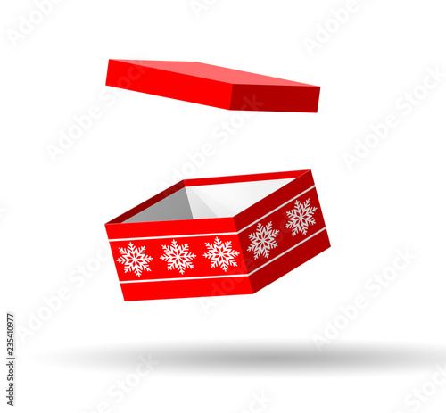 CHRISTMAS RED BOX IS OPENING ON WHITE BACKGROUND