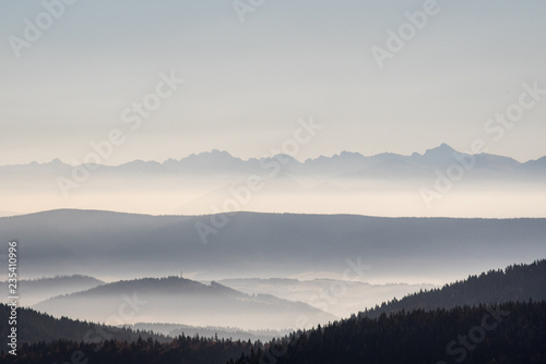 Tatry Wysokie mountain range from Hala Rycerzowa in autumn Beskid Zywiecki mountains