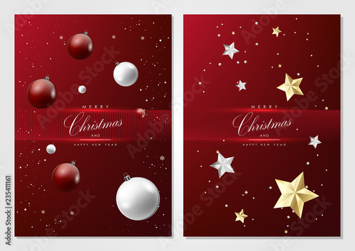 Merry Christmas and happy new year elements red background card template vector