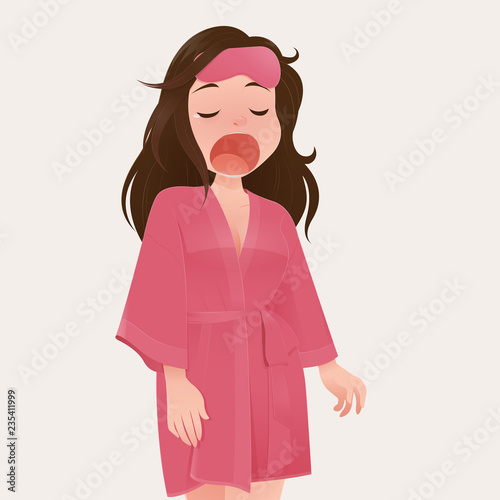 illustration woman in pink robe yawning against cream color background.
