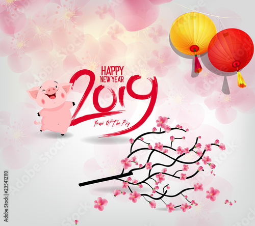 Happy New Year 2019. Chienese New Year, Year of the Pig. Cherry blossom background photo