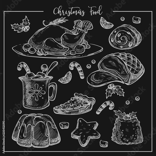 Christmas traditional dinner menu vector sketch illustration set of dishes.