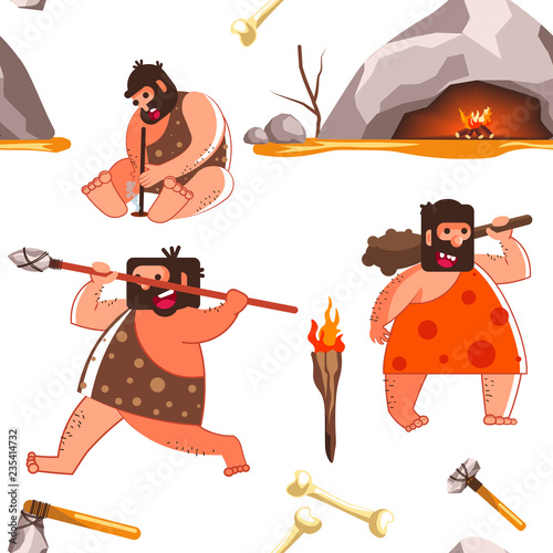 Primaeval people living in caves and wearing animal fur
